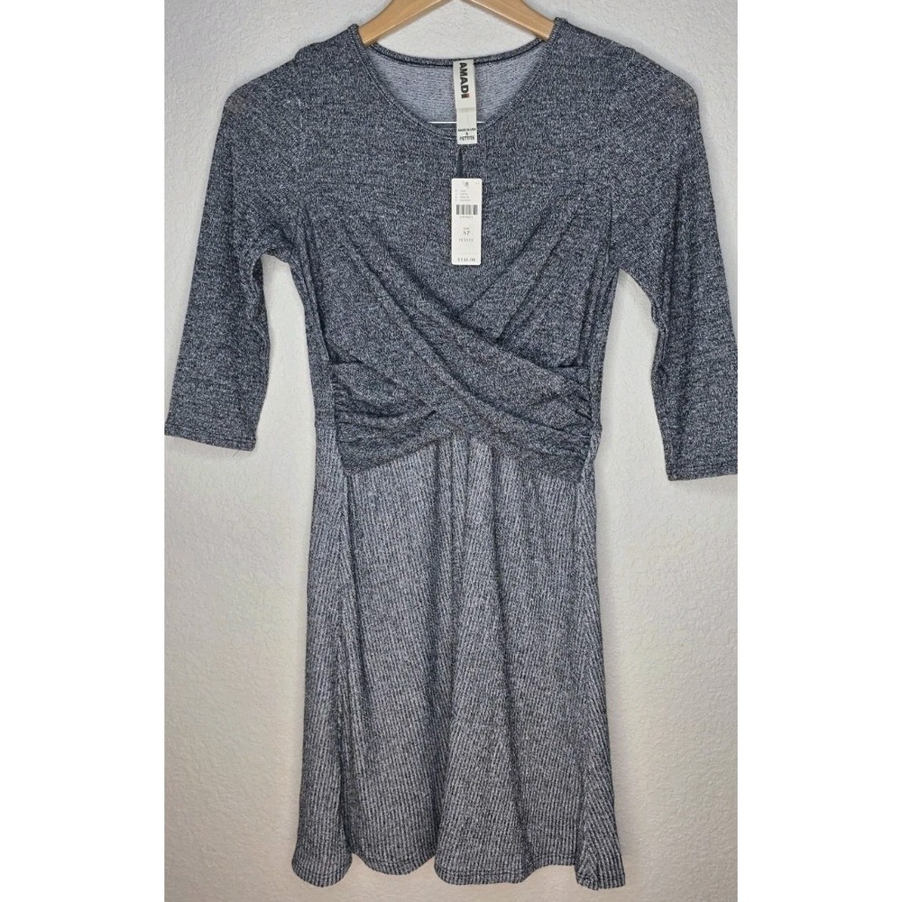New NAMADI Women SP Gray Wrap Front Ribbed Knit Fit Flare Lola Dress 3/4 Sleeve